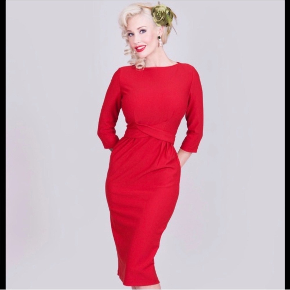 Bettie Page by Tatyana Red Wiggle Dress 3/4 Sleeve Retro Pinup Pencil Midi L
